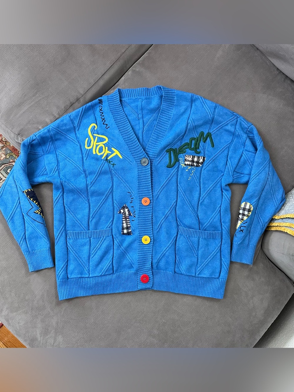 EBOSSY Cable Knit Open front Blue Teacher Cardigan Embroidery Sport Dream Large
